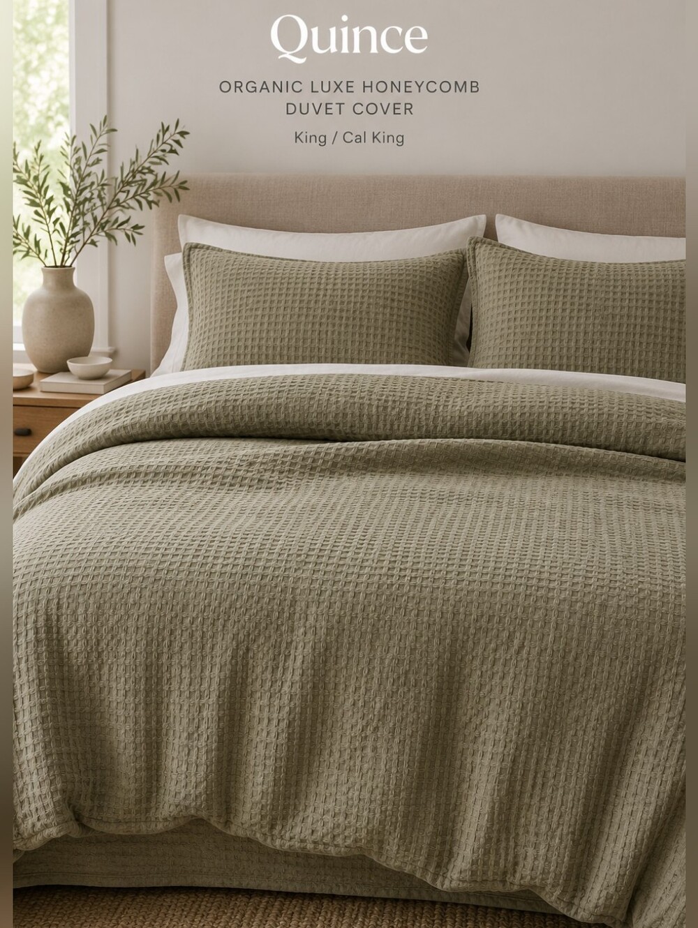 NWT Quince Organic Luxe Honeycomb Duvet Cover Olive King Cal King RH Style